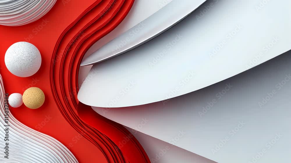 Aufkleber abstract red and white layered paper design with round shapes and wavy lines.