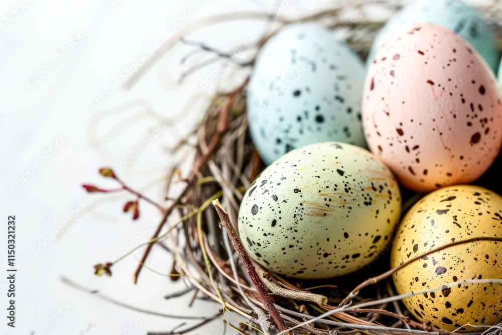 Aufkleber nest of eggs with different colors and sizes. the eggs are placed in a basket and are surrounded by 