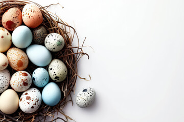Nest of eggs with a variety of colors including yellow, pink, and white. The eggs are arranged in a circle, with some overlapping and others standing alone. Easter celebration concept