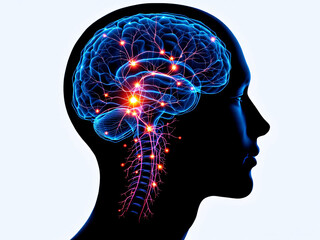 Silhouette of a human head with an illuminated brain and neural network, depicting cognitive activity.