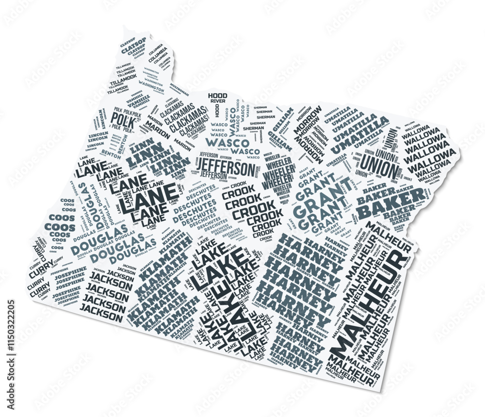 Aufkleber oregon shape text cloud. state border with shadow on white background. oregon with counties division