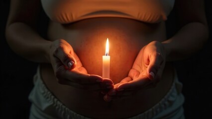 Pregnant woman holding in hands a burning candle in the darkness background. Health pray. World religion day. Concept of future telling. Spiritual healing and energy of soul