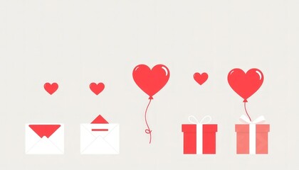 Minimalist icons of love letters, heart-shaped balloons, and gift boxes for Valentine’s Day.