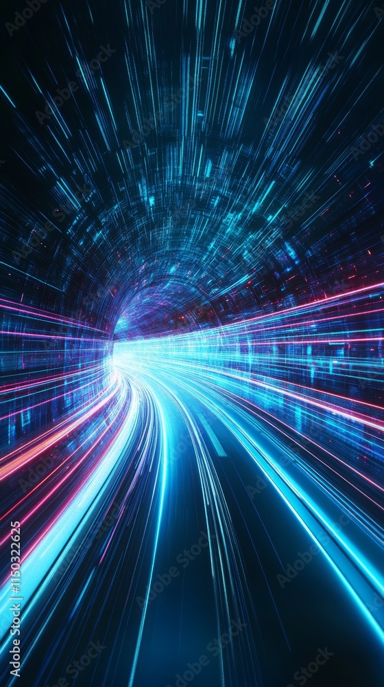 Poster dynamic tunnel with vibrant light trails creating an illusion of speed in a digital landscape