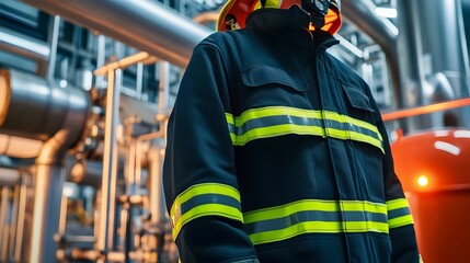 Fototapeta premium Protective firefighter coat with high-visibility bands, industrial pipes and machinery backdrop.