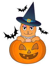 Witch cat celebrates Halloween - full color stock illustration. Print with a ginger cat in a magic hat peeking out of a Halloween pumpkin and bats. Cute ginger kitten in a witch's hat.	

