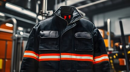 Fototapeta premium Close-up of durable firefighter coat with reflective details, industrial equipment surrounding.
