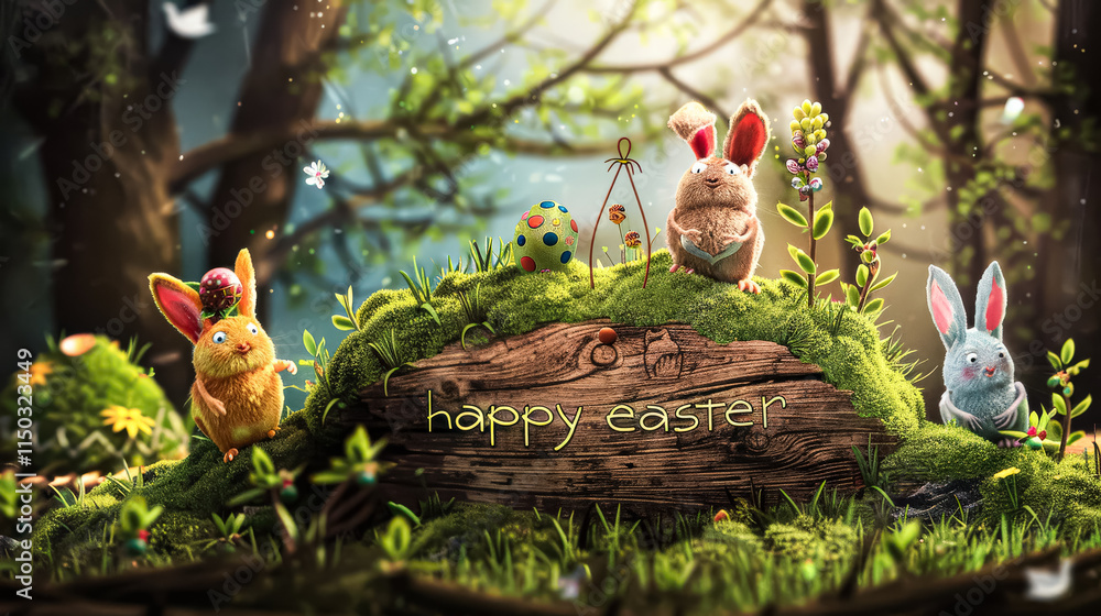 Poster group of rabbits are sitting on a log with a sign that says happy easter. the scene is set in a fore