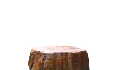 Stone podium, Beige mountain rock stand isolated on transparent background for product display...