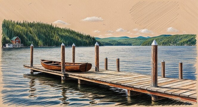 A peaceful dock by a lake with a small wooden boat hand drawing