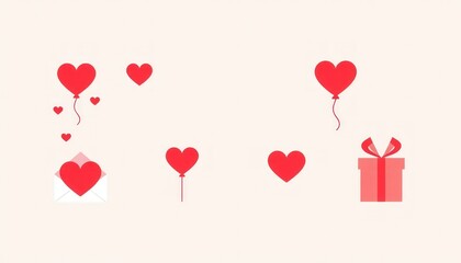 Minimalist icons of love letters, heart-shaped balloons, and gift boxes for Valentine&rsquo;s Day.