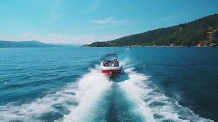 Fototapeta premium Speedboat cruising on the water leaving a trail of white foam
