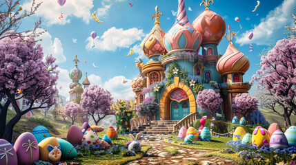 Colorful, whimsical scene of a castle with a pink and blue roof and a pink and blue tower. The castle is surrounded by a field of Easter eggs and a path leading to it. Scene is playful and cheerful