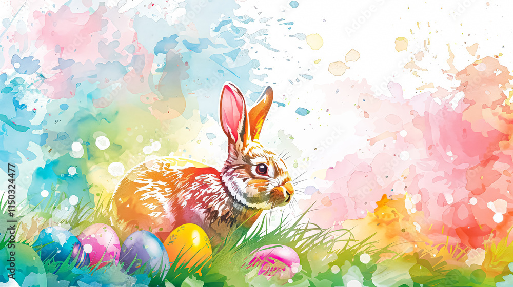 Poster rabbit is standing in a field of easter eggs. the eggs are scattered around the rabbit, and the scen