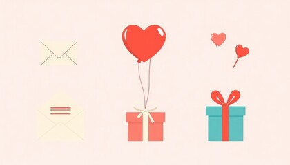 Minimalist icons of love letters, heart-shaped balloons, and gift boxes for Valentine’s Day.