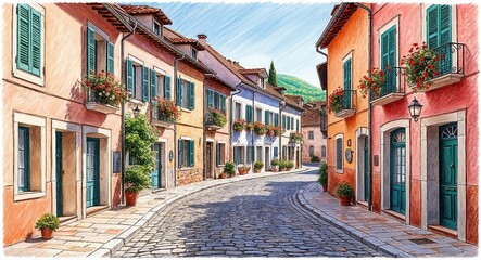Obraz premium A quaint European village with cobblestone streets and flower filled balconies hand drawing