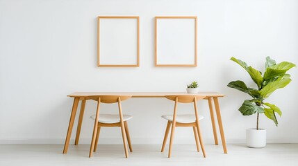Wall art mockup interior concept. Minimalist dining area with empty frames and a potted plant by a light wall.