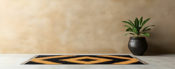 Wall art mockup interior concept. Decorative rug on a plain wall with a potted plant beside it.