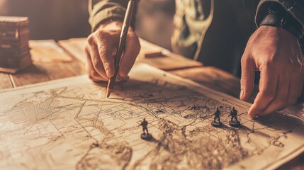 Close-up of detailed military strategy map with miniature soldiers and terrain models on wooden table for tactical planning and battlefield simulation.