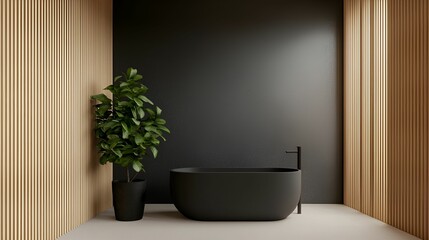 Wall art mockup interior concept. Modern bathroom featuring a sleek black tub, wood accents, and a touch of greenery.