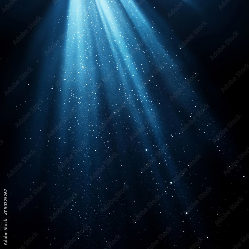 Poster dramatic blue light beams illuminate particles in a dark environment, creating a mystical atmosphere