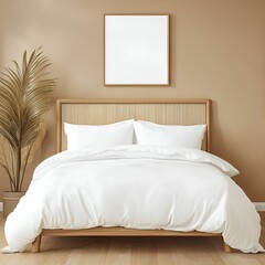 Wall art mockup interior concept. Cozy bedroom with a wooden bed frame, white bedding, and a minimalist decor style.