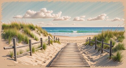 Fototapeta premium A serene beach with sand dunes and a wooden path leading to the ocean hand drawing