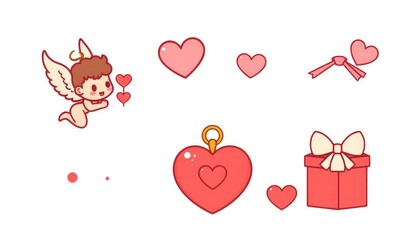 Kawaii-style Valentine icons including a cupid, heart locket, and chocolate box.