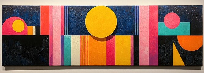 Bright abstract mural featuring geometric shapes in contrasting colors