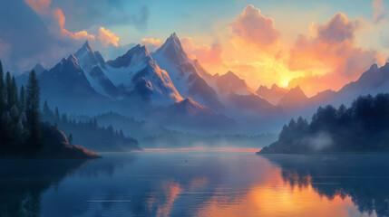 Majestätische Berglandschaft mit Sonnenuntergang und ruhigem See

