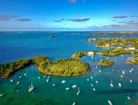 The drone aerial of Jews bay of Bermuda Islands.Bermuda is a self-governing British overseas territory in the Atlantic Ocean north of the Caribbean.