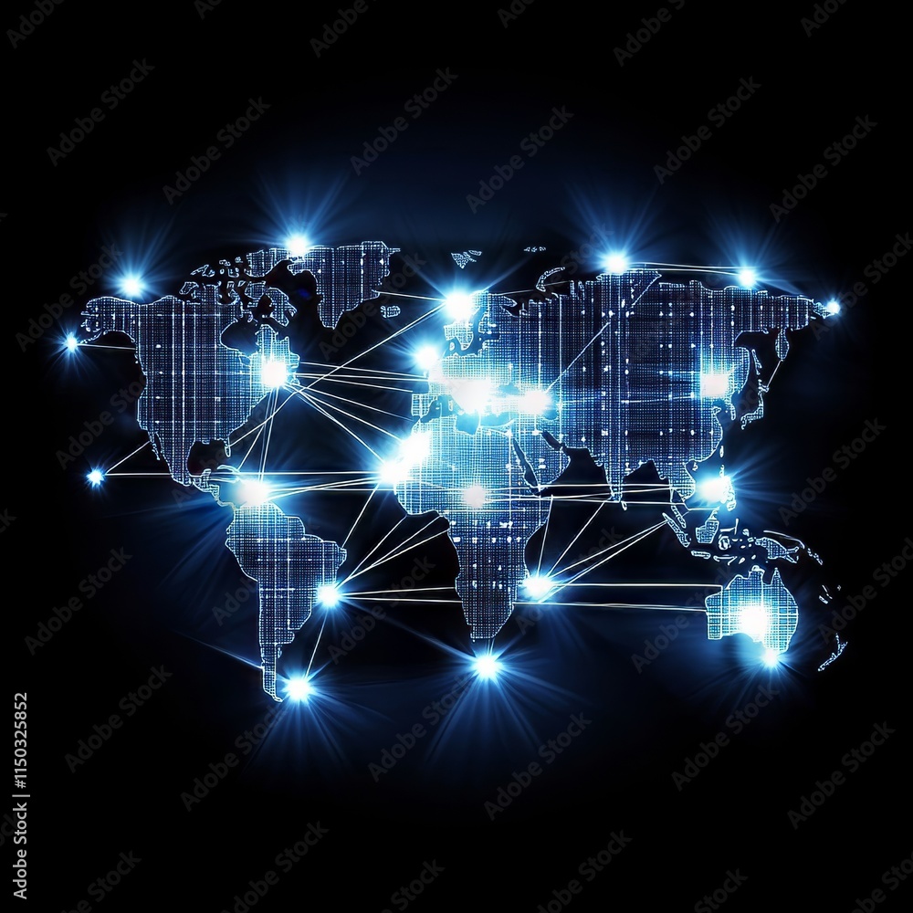Poster digital world map with glowing connections displayed on a dark background illustrating global networ