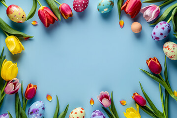 Blue background with a flower arrangement of pink and yellow flowers and eggs. Easter celebration concept