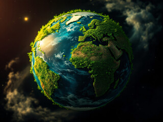 Fototapeta premium Earth, globe, planet, space, universe, continents, oceans, atmosphere, clouds, stars, galaxy, green, blue, night, cosmos, Africa, Europe, Eurasia, environment, ecology, nature, world, biosphere, veget