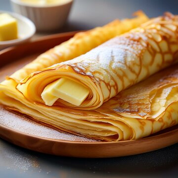 Generated image Close-up of Norwegian lefse (soft flatbread) with butter and sugar, rolled and sliced