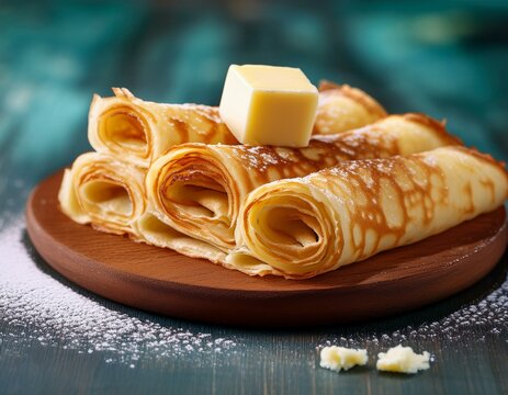 Generated image Close-up of Norwegian lefse (soft flatbread) with butter and sugar, rolled and sliced