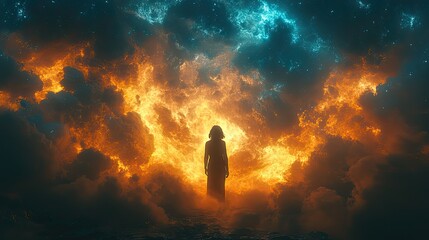 Obraz premium A silhouette of a person against a fantasy cloud formation symbolizes ethereal faith and prayer in the universe