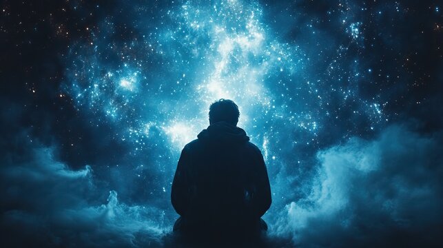 A silhouette of a man against the universe symbolizes spiritual awakening, prayer, awareness, and cosmic connection