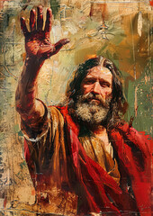 Naklejka premium Man with a beard and red robe is depicted in a painting, holding his hand up. The painting conveys a sense of reverence and respect, as if the man is offering a greeting or blessing