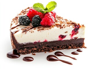 A slice of decadent cheesecake topped with berries and chocolate sauce.