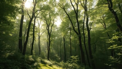 Naklejka premium Misty green forest, sunlight filtering through dense canopy, serene, fresh