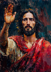 Obraz premium Painting of Jesus Christ with a cross on his head and a hand raised. The painting is in gold and red colors