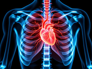 Glowing illustration of a human ribcage with heart and nerves, highlighting the anatomical details.