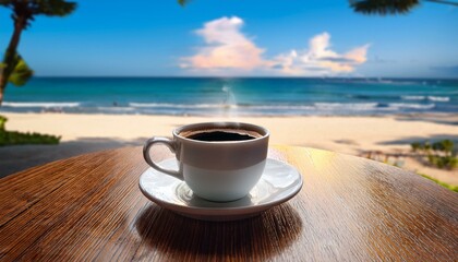 Generated image Coffee in a cup on a table by the beach