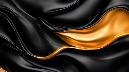 Fototapeta premium Black and gold abstract background with satin cloth waves, liquid smooth paint wallpaper