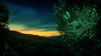 Naklejka premium Futuristic landscape with glowing circuit patterns.