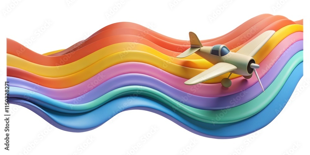 Poster a colorful wave pattern with a small airplane flying through, evoking a sense of adventure and creat