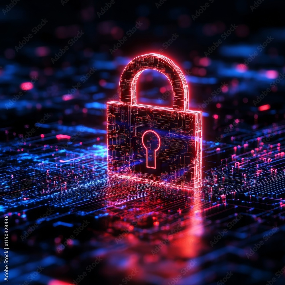 Poster digital lock symbolizing cybersecurity in a futuristic environment with glowing blue and red element