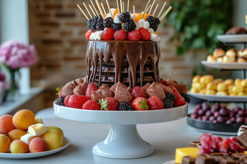 Fountain of melted chocolate, skewers with fruits and desserts, including marshmallows and waffle sticks, framed with colorful napkins and tableware, bright interior, wide horizontal frame.