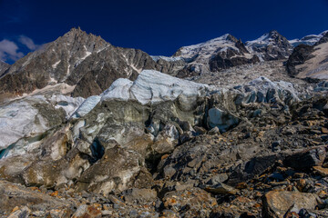 Glacier le Bossons in the french Alps, Chamonix valley, Montblanc. The glacier crevasse and huge...